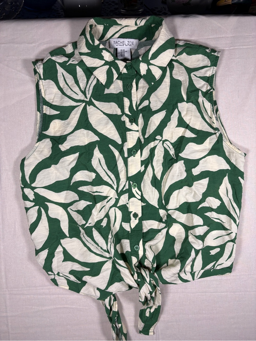 Rachel Zoe Collared Sleeveless Button Down Blouse, Front Tie Womens XS Tropical